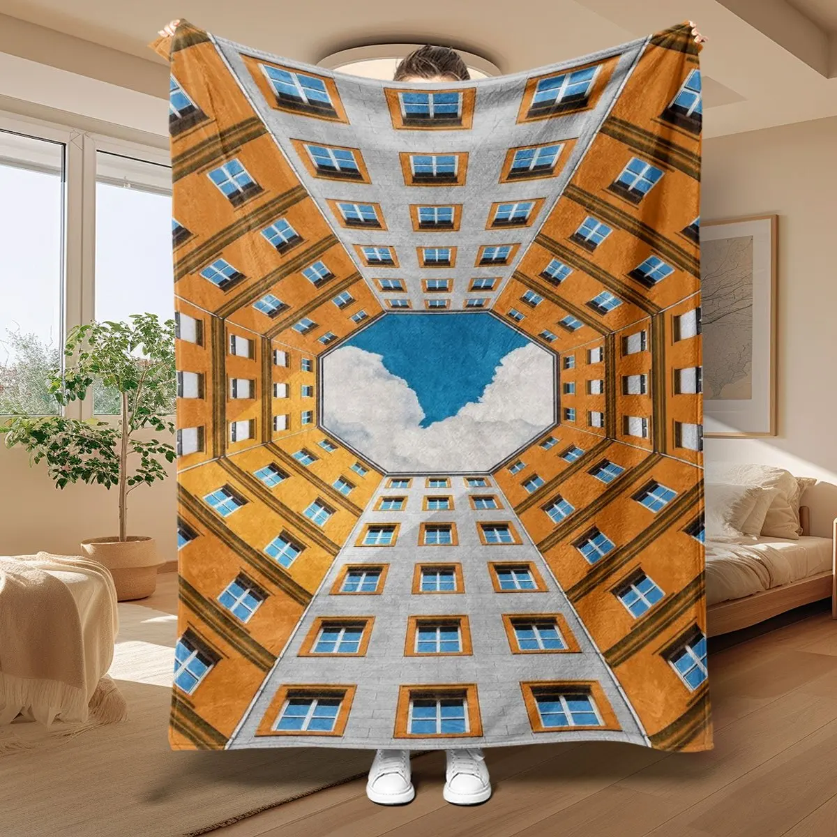 Large Geometric Cityscape Window Pattern Throw Blanket 150x200cm Modern Urban Bed Cover Home Decor Throw Gift
