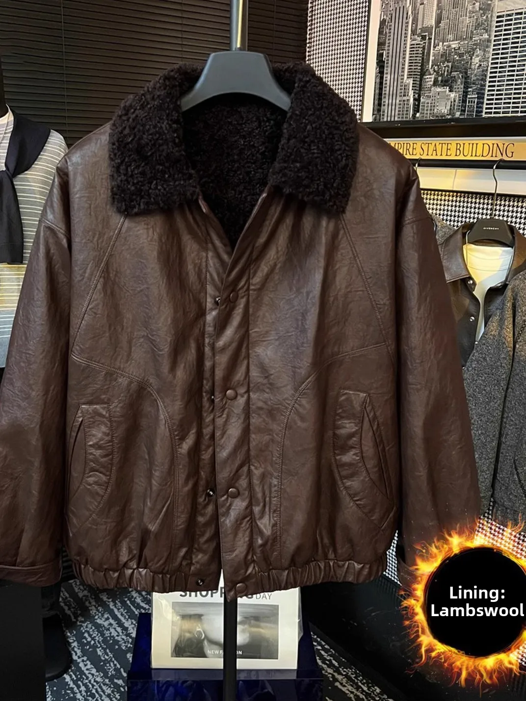 

Мужская кожаная куртка-пилот в стиле ретро из овечьей замши с флисовой подкладкой, меховым воротником и элементами пэчворка, теплая верхняя одежда из хлопка, модная