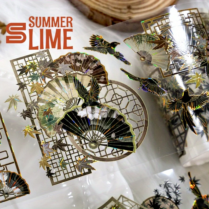 2m Laser Golden Foil Chinese style PET Washi Tape Vintage Fan Transparent Stickers Decor Adhesive Tape For Scrapbooking Journal