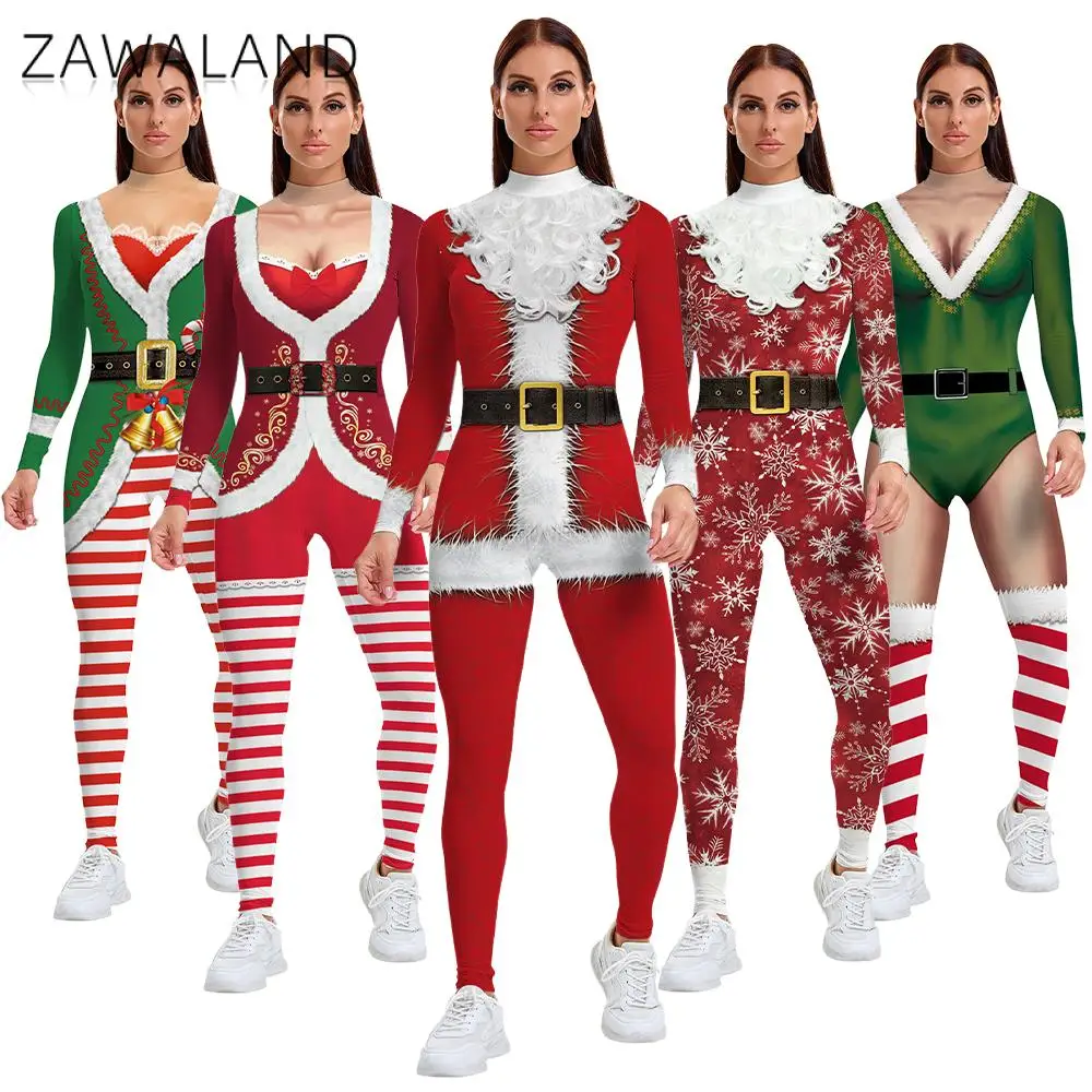 

New Year Santa Claus Costume Christmas Party Bodysuits Women Red Green Stripes Print Cosplay Santa Jumpsuits Xmas Dress Up