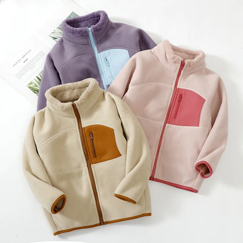 New Winter Kids Fleece Warm Jacket 3-12T Color Blocking Pocket Girls Thick Coat Korean Loose Turtleneck Children Outwear Clothes