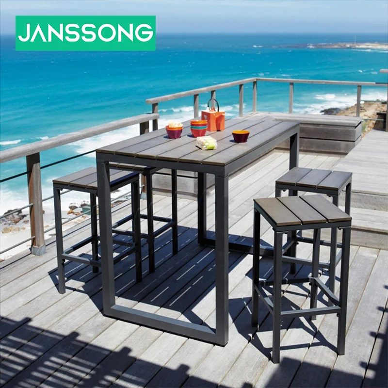 Custom Mediterranean Vintage Outdoor Anticorrosive Bar Coffee Leisure Plastic Wood Outdoor Tables and Chairs