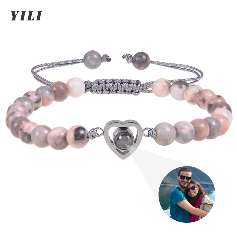 

Custom Photo Projection Bracelet Personalized Natural Beads Bracelet with Picture inside I Love You Bracelet 100 Languages Gifts