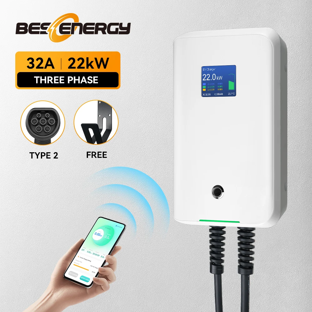 

New In Electric Vehicle Charging Station 32A 3 Phase 22KW EV Car Charger Wallbox Type 2 Cable Wallmount With APP Control WiFi