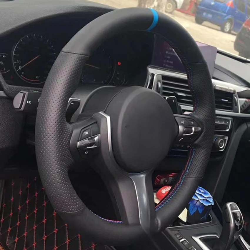 Black leather Blue Marker Car Steering Wheel Cover for BMW F33 F30 M2 M3 F82 M4 M5 F12 F13 M6 F85 X5 X6 F87 F80 M Sport