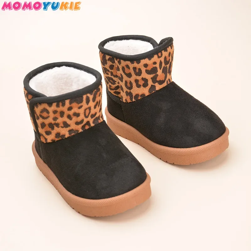 Botas de felpa para niño y niña, zapatos cálidos de piel de leopardo para la nieve, a la moda, novedad de invierno