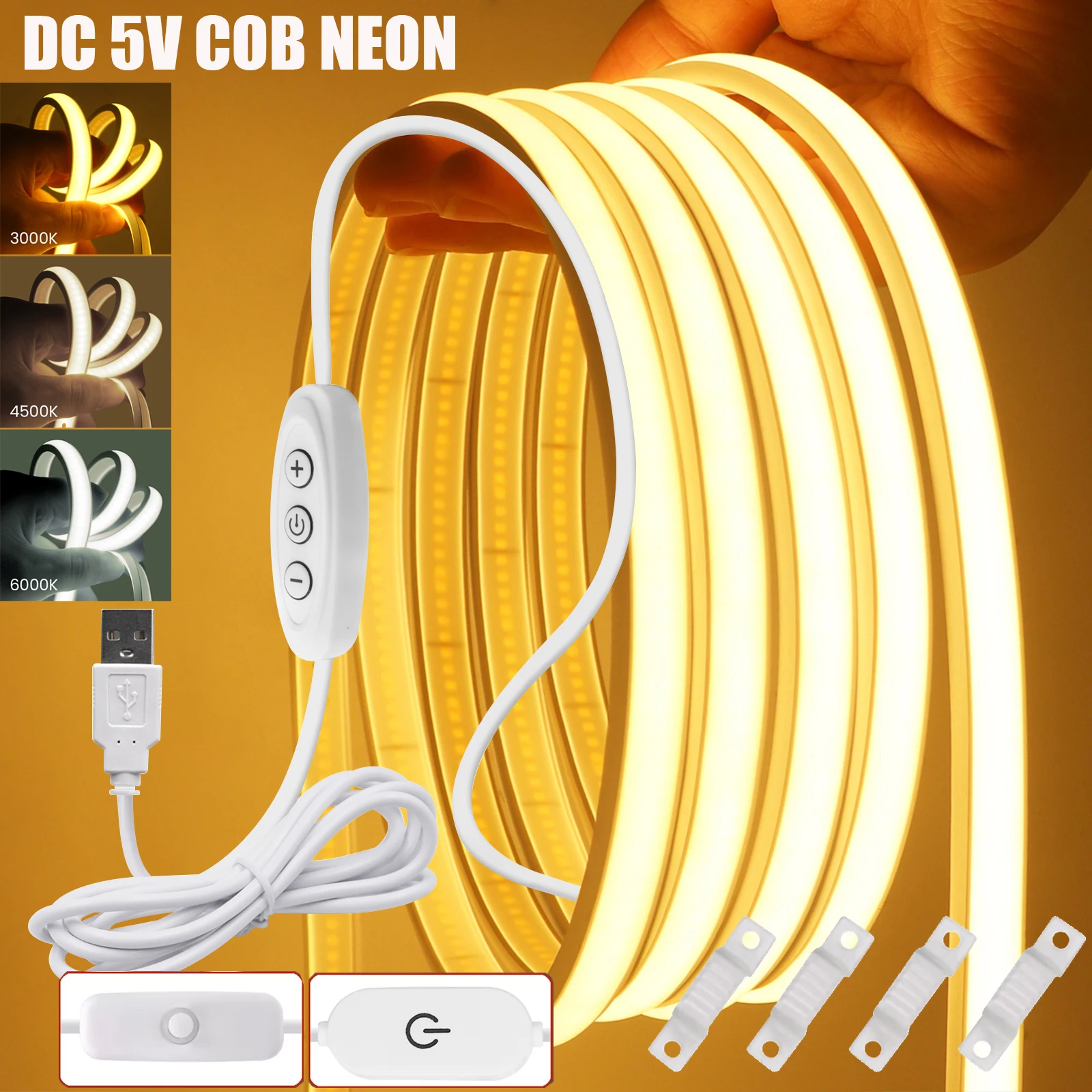 5V USB COB LED Strip with ON OFF/Touch Dimmer/3Keys Switch 320LEDs/m Flexible Neon Light Waterproof LED Tape Ribbon for Decor