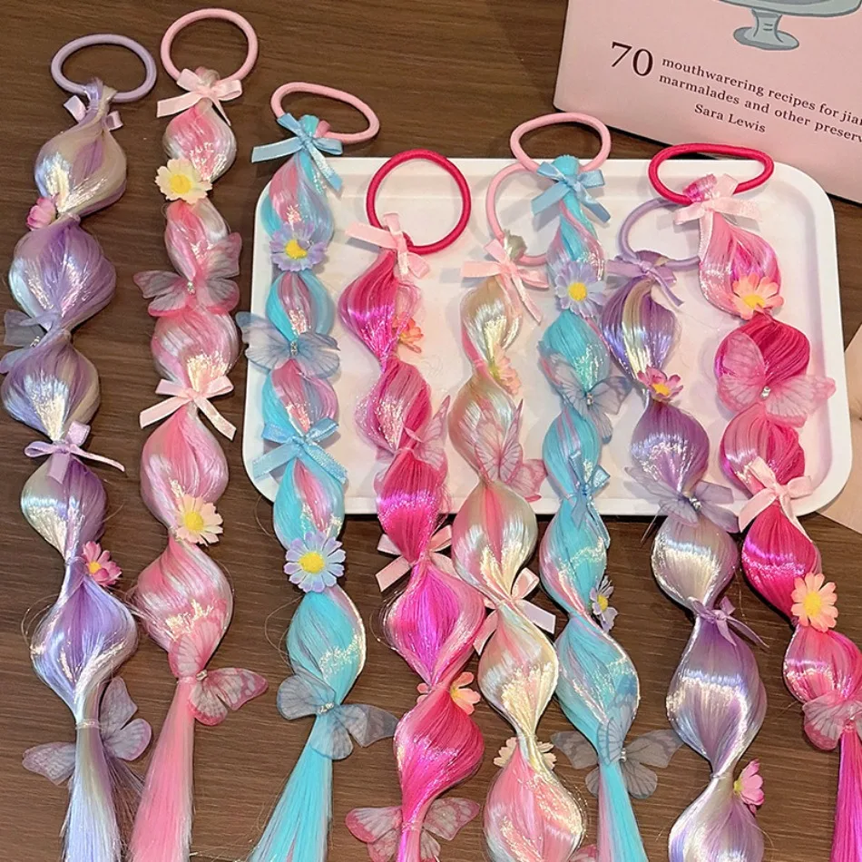 Children Colorful Wigs Rubber Bands Girls Sweet Flowers Butterfly Bubble Long Braided Hair Ropes Headbands Do Not Hurt Hair HP01