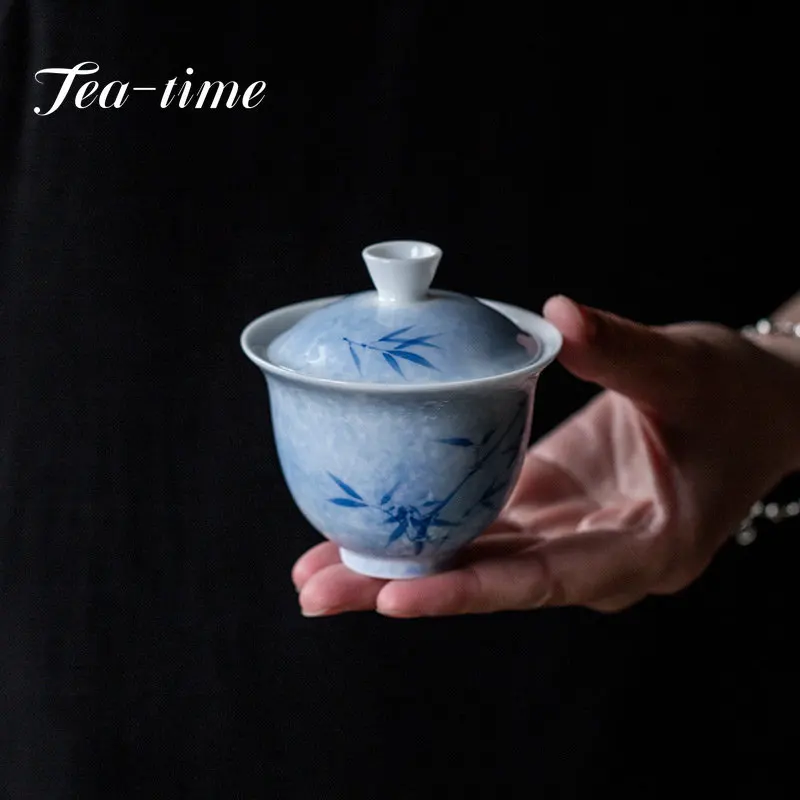 110ML Famous Chinese Style Underglaze Color Tea Tureen Hand Painted Fog Blue Bamboo Ercai Gaiwan Ceramics Tea Bowl Tea Ceremony