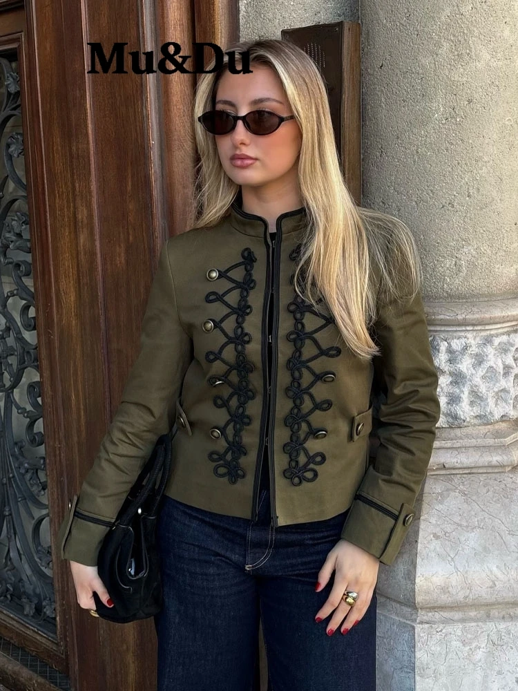 Women's Spring Cropped Napoleon Jacket - Stand Collar Button Front