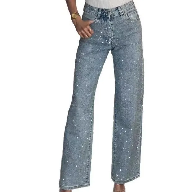 D8751 Women's High-Waisted Straight Leg Denim Pants with Full Rhinestone Wash - Trendy Flare Leggings