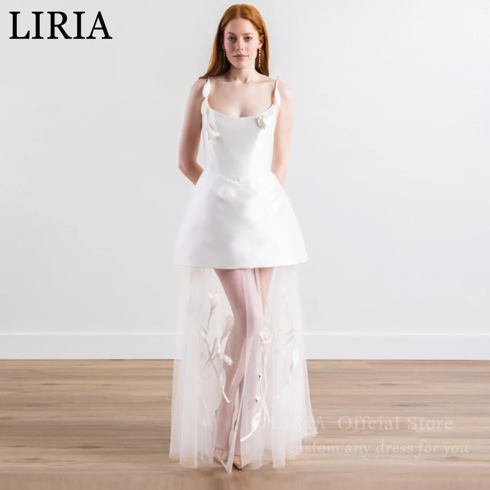 LIRIA Ivory Short Vestidos De Novia Boda See Though A Line Wedding Dress Flowers Open Back Mini Bridal Party Dresses Customized