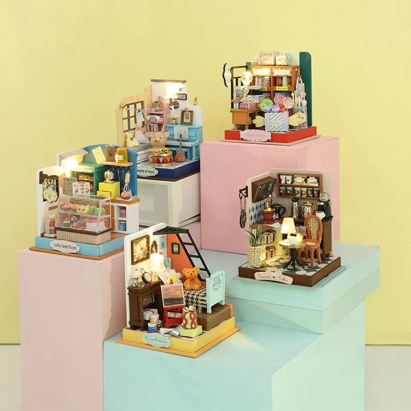 3D Wooden Puzzle Mini Coffee Shop Dollhouse Kit DIY Handmade Assembly Building Model Creative Doll House Toy for Birthday Gift