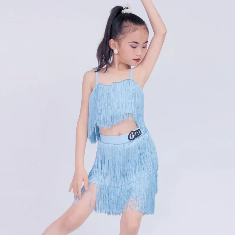 Latin dance outfit high-end 2025 new summer girls' suspender tassel training performance suit split set  latin dance dress