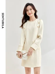 SENTUBILA Fashion O-Neck Elegant Dress Women Long Sleeve Knee Length Straight Dresses Patch Pocket Spring Autumn New 133L52414