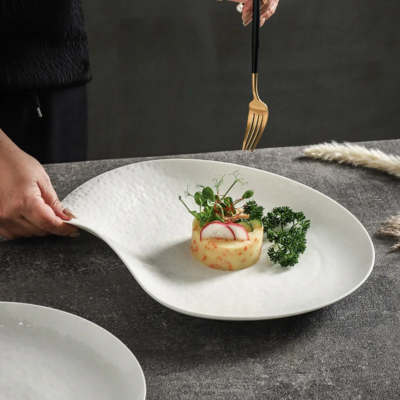 

White Hammer Pattern Porcelain Plate Creative Thick Soup Plate Sashimi Sushi Dish Dessert Pasta Dish Restaurant Serving Plates