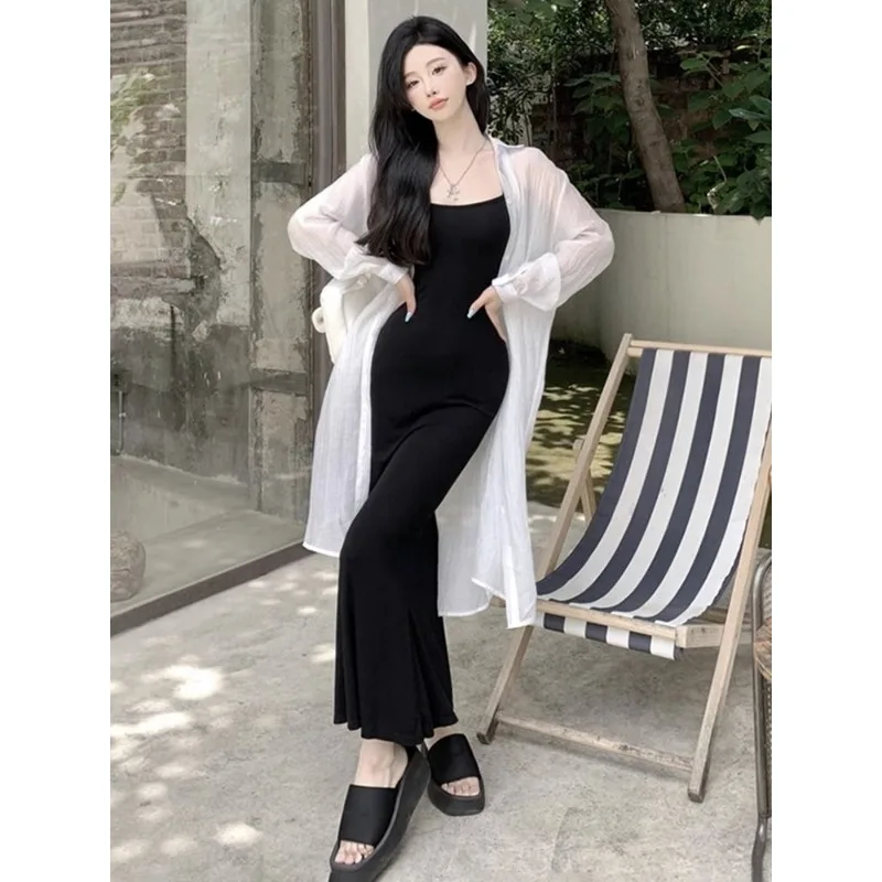 Medium-length White Chiffon Sunscreen Shirt Woman Summer Muslin Cardigan Shirt Large Coat See Through Ice Silk Top Shirts Women