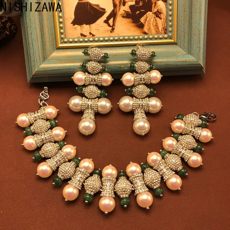 

NISHIZAWA Pearls Earrings for Women Inlaid Rhinestones Palace Style Vintage Jewelry Luxury Hyperbole Elegant Aretes De Mujer