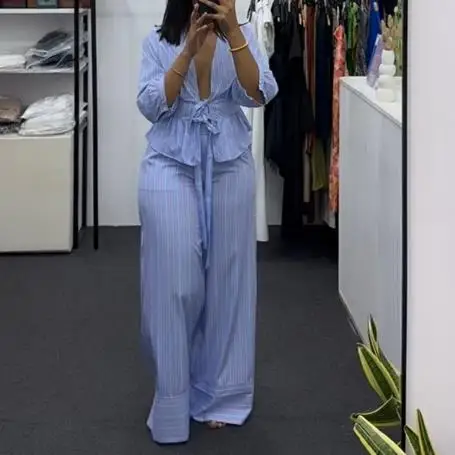 

Two Piece Set Women Outfit 2026 New Spring Autumn Fashion Striped V-Neck Long Sleeve Lace Up Shirt & Casual Wide Leg Pants Set