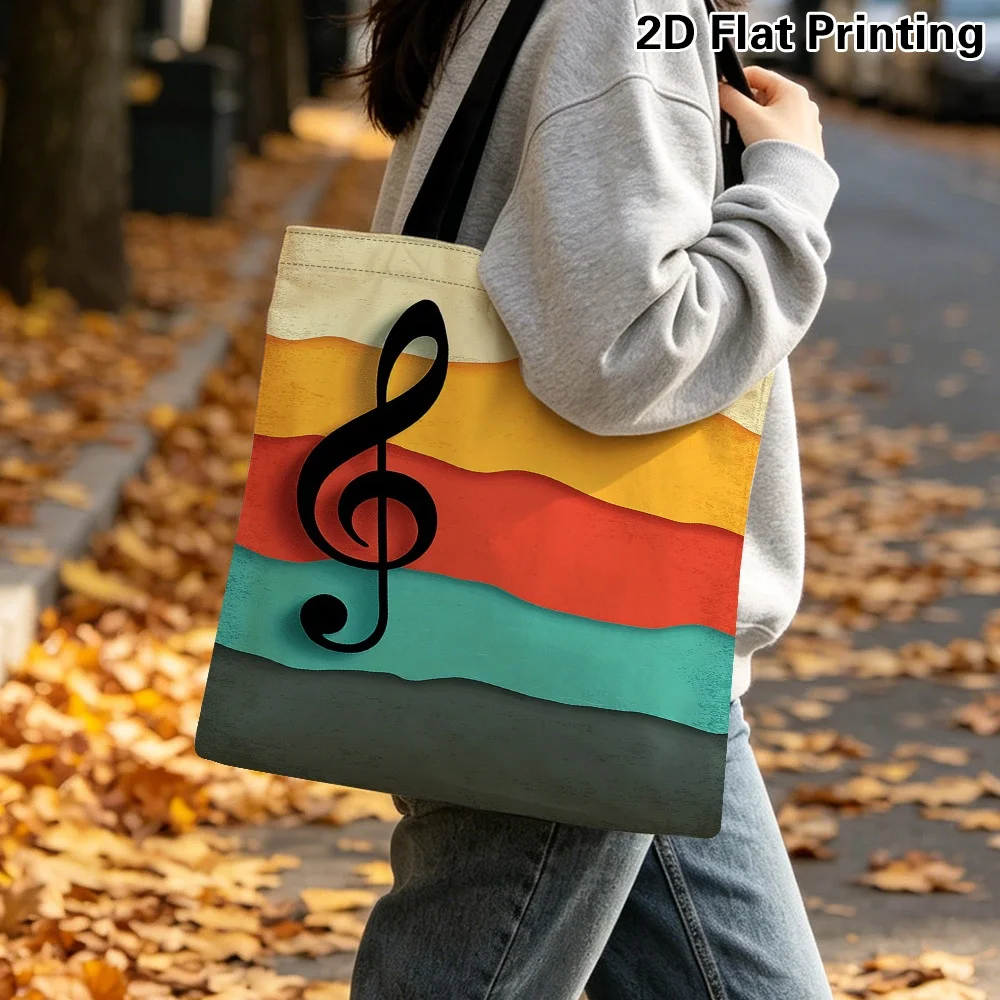 1pc 2D Flat Printed Musical Note Abstract Design Shoulder Tote Bag - Reusable Grocery Bags, Ideal for Shopping
