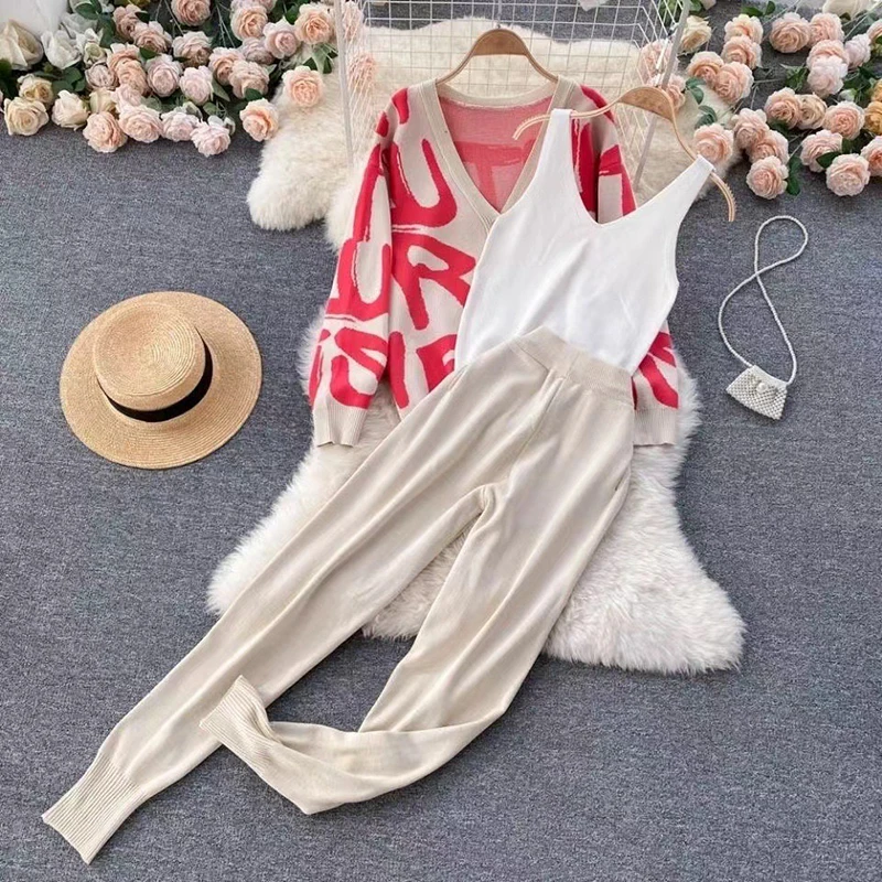 Fall Winter Women Knitted 3 Piece Sets Korea Elegant Letter Design Cardigan Coats Tops Outfit High Waist Jogger Harem Pants Suit