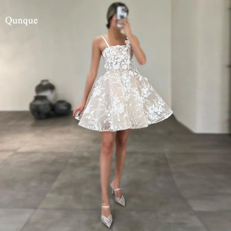 Qunque Romantic Short Wedding Dress Spaghetti Straps Tulle Corset Mini Bridal Gown Lace Appliques Vestidos De Novia Customized