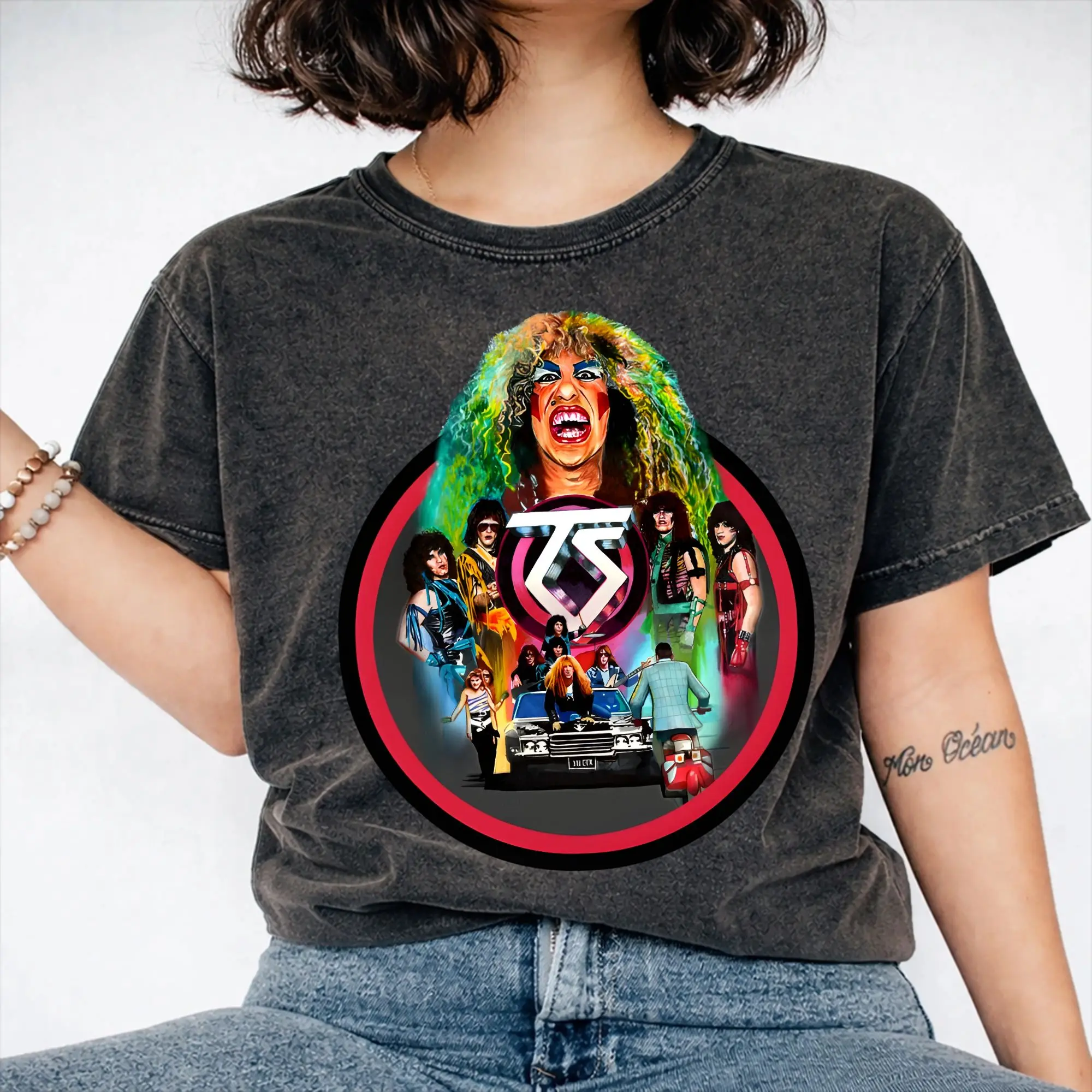 Harajuku Washed Shirt Twisted Sisters metal band Outfit Fashion T Shirt Oversize  Streetwear Cotton Graphic Tees