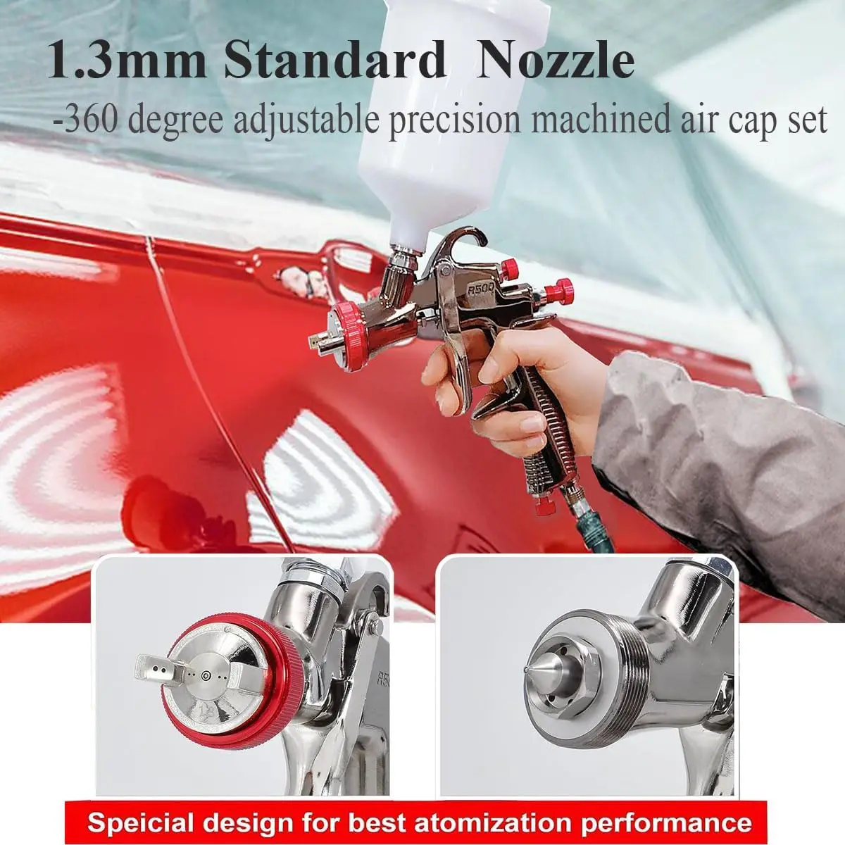 R500 LVLP Spray Gun W/ 1.3/1.5/1.7/2.0mm Tips, with Air Pressure Regulator & Oil-Water Separator, for Painting House, Car, Furni