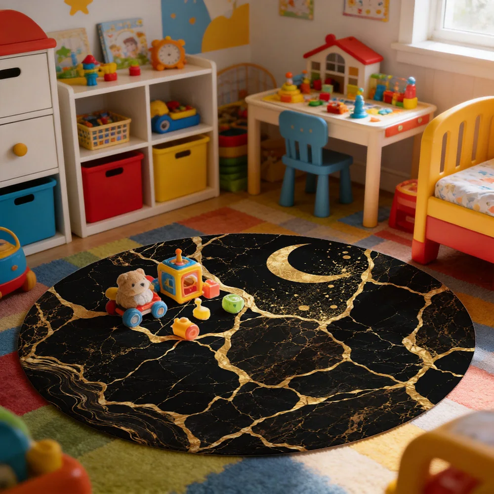 Round Black Gold Marble Pattern Area Rug Boho Crescent Moon Astrology Living Room Decor Mat