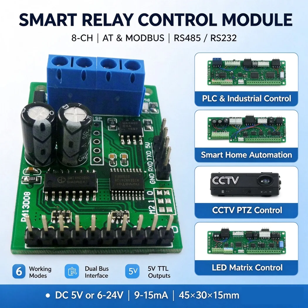 RS485 RS232 TTL IO Controller Module AT & Modbus RTU Command 8CH 5V/6-24V Delay Self-locking for PLC PTZ Camera Smart Home