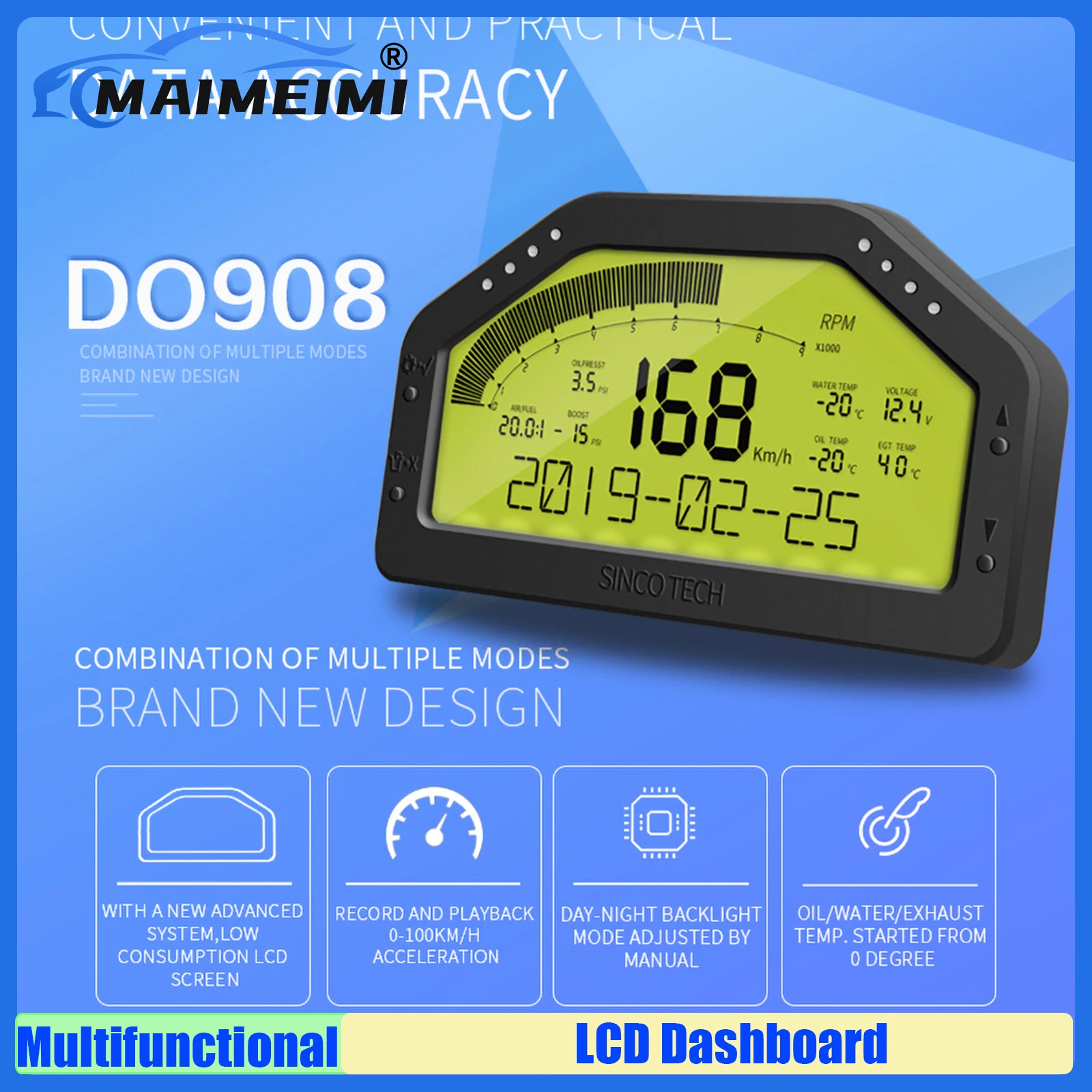 

MAIMEIMI Car Race Dash Panels LCD Digital Display 9 in 1 Gauge Sensor Kit Waterproof Tachometer Water Temp Race Dashboard DO908