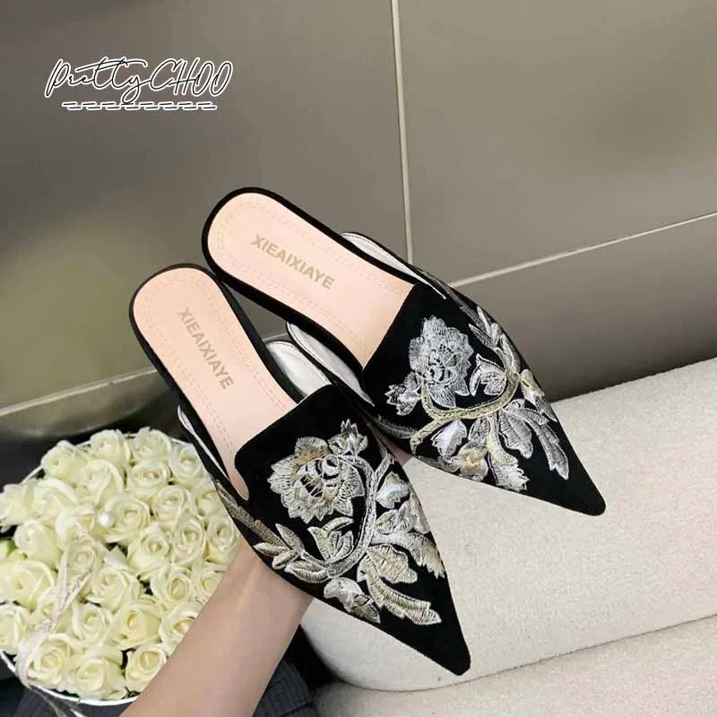 Luxury Embroidery Velvet Mules Woman Elegant Pointed Toe Flower Velour Slide Sandals Ladies Evening Vintage Slip-on Flat Shoes