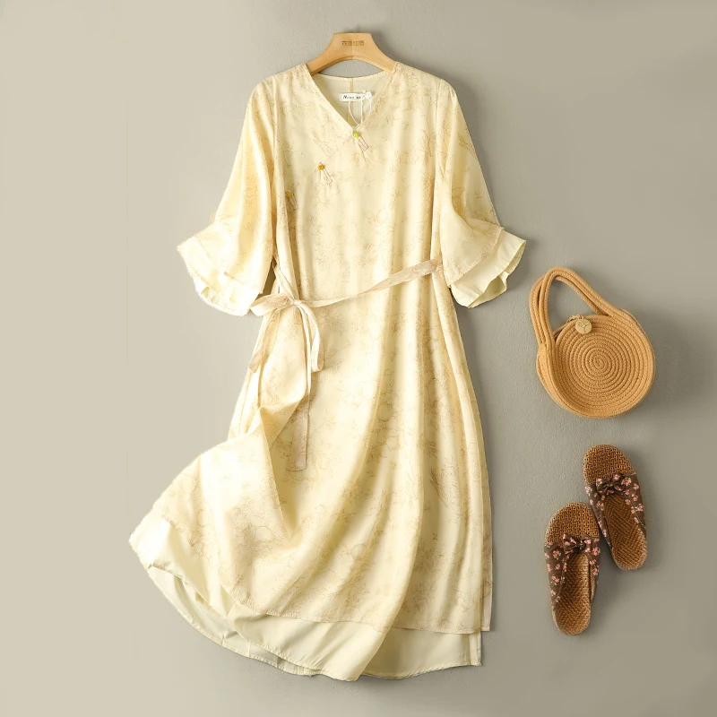 New Chinese Sle Double Layer Long Dr Loose V Ne Waist Cinched Seven Sve Printed Button a Line Skirt for Women