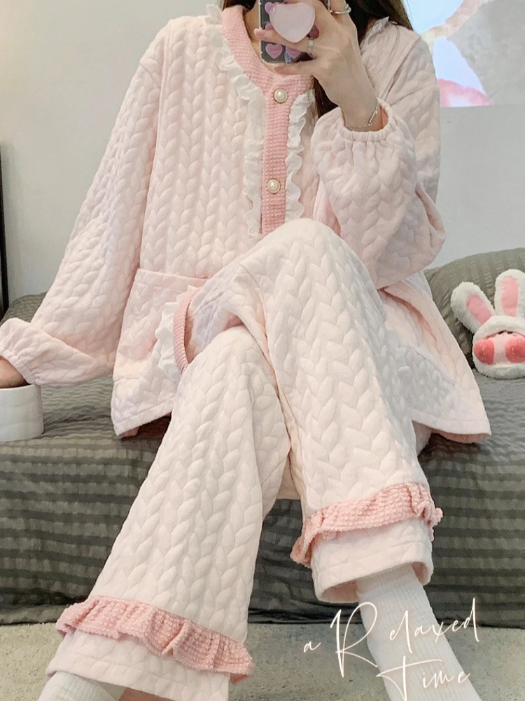 Autumn Winter Maternity Nursing Pajamas Set Thickened Air Cotton Side Open Breastfeeding Homewear Pregnant Women Sweet Sleepwear