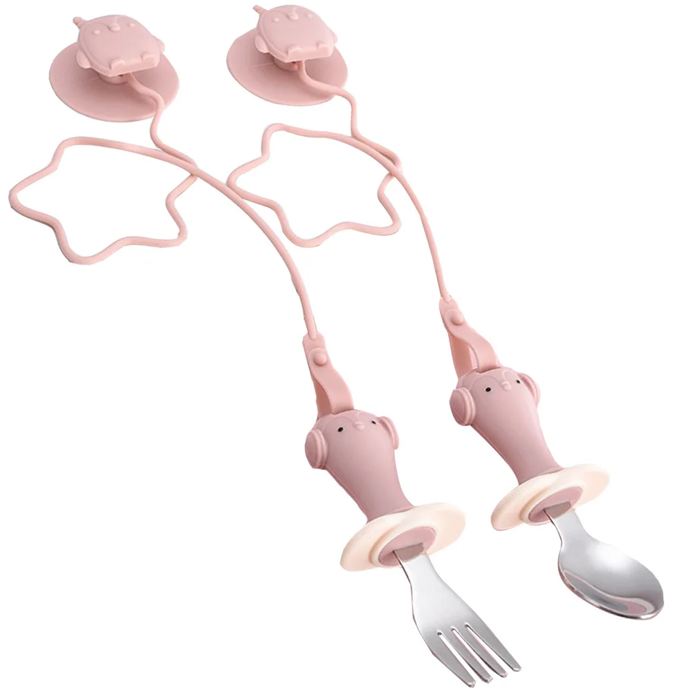 

1 set 1 Set Baby Cutlery Silicone Spoons Forks With Suction Cup Anti Drop Chain For Toddlers Self Feeding Mess Free Travel Kids