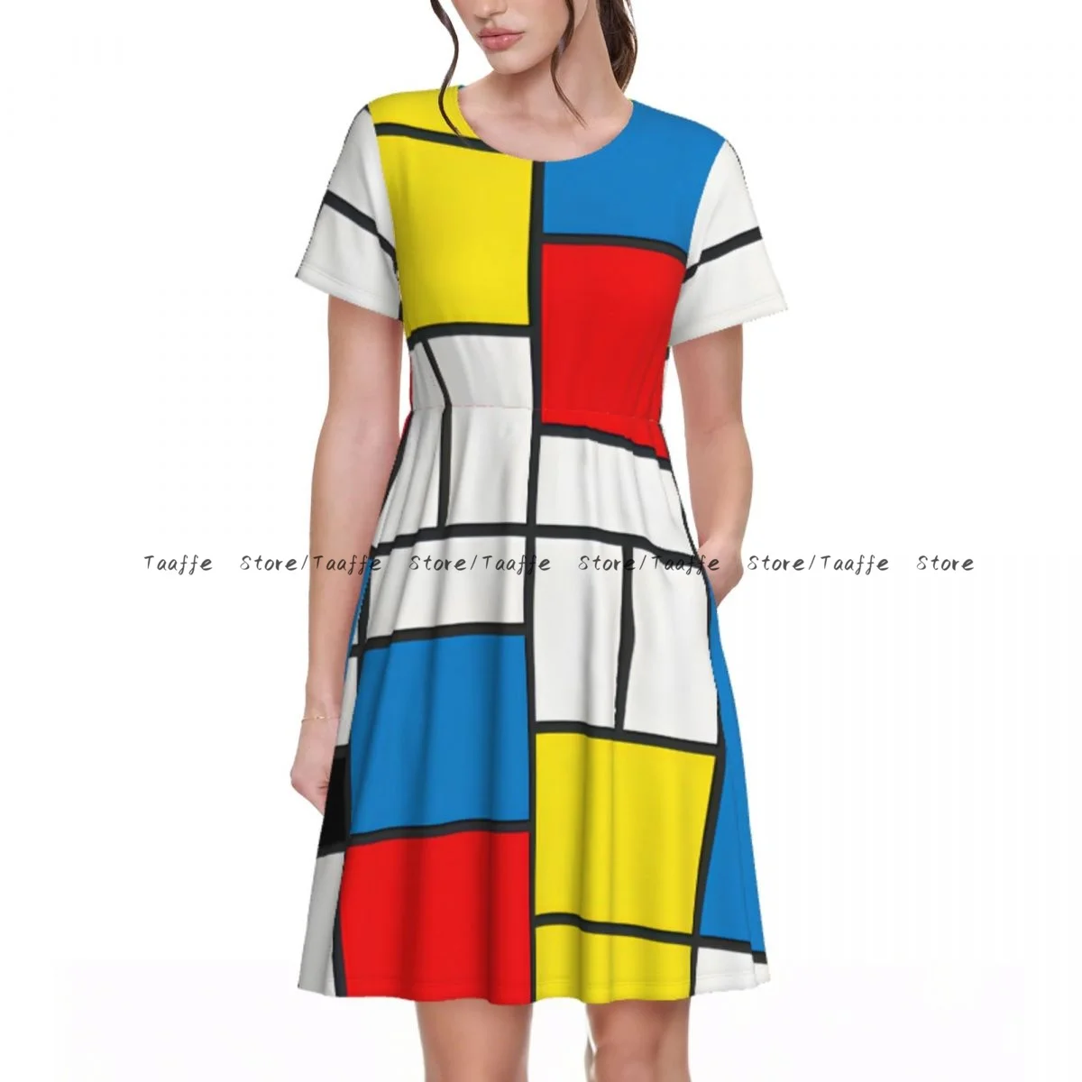 Elegant Women Dress Piet Mondrian Abstract Cubes Turn-down Collar Short Sleeve Body-Shaping Street Robe