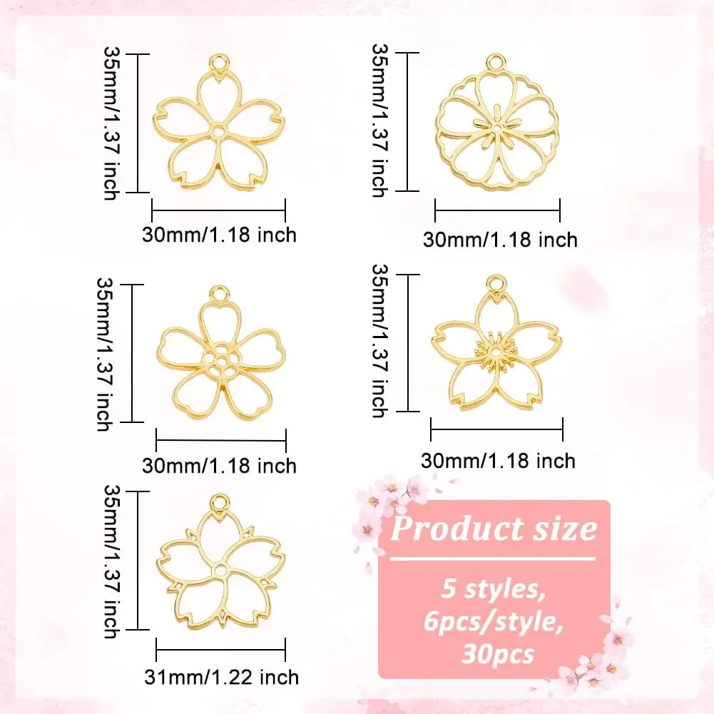 30pcs Blossom Open Bezel Pendants Flower Charms 5-Shape Hollow Frame Dangle Charms Making Kits for DIY UV Resin or Pressed