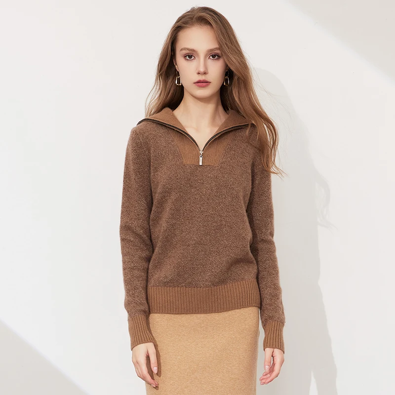 RONGYI 100% Cashmere Autumn And Winter Sweater Women Zipper Stand Collar Knitted Thickened Pullover Top Fashion  Simple Jacket