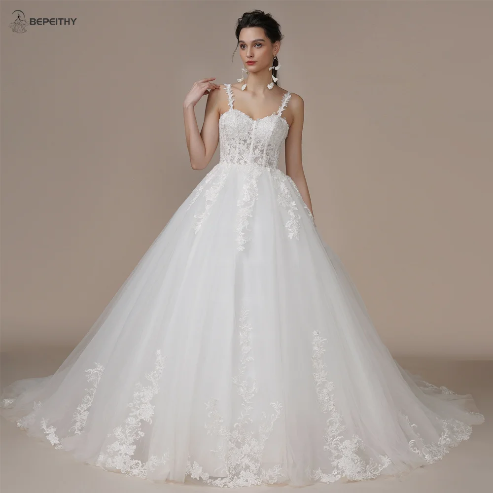 BEPEITHY Customized Princess Spaghetti Straps Bride Wedding Dresses For Women Sleeveless White Lace Court Train Bridal Ball Gown