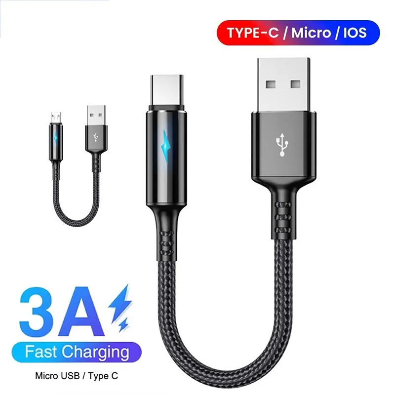25cm Kurzes Nylon-Ladekabel Typ C/Micro USB 3A Schnellladung für Powerbank Handy-Ladezubehör Datenkabel