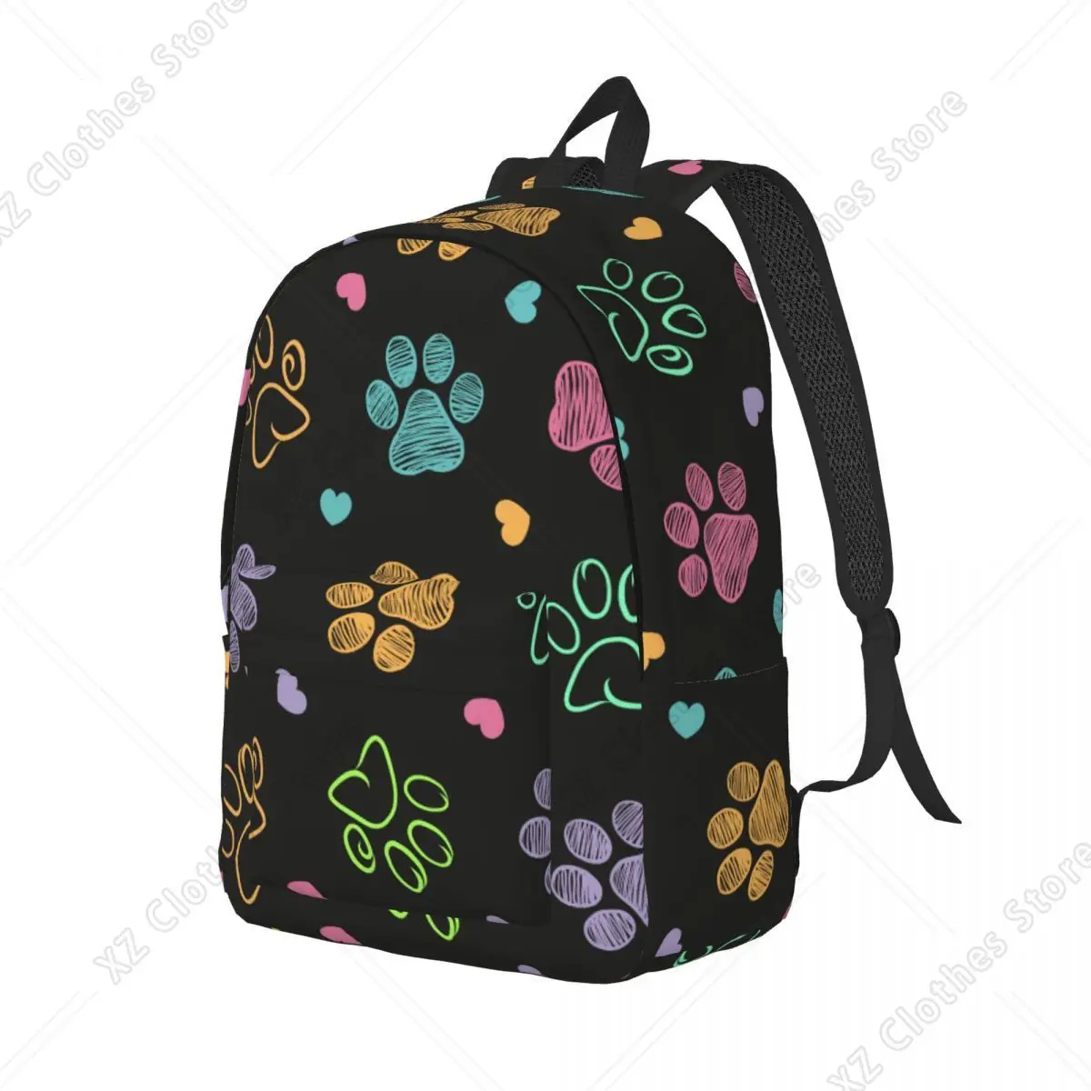 Colorful Doodle Paw Print Backpack Middle High College School Student Dog Cat Bookbag Teens Daypack Sports