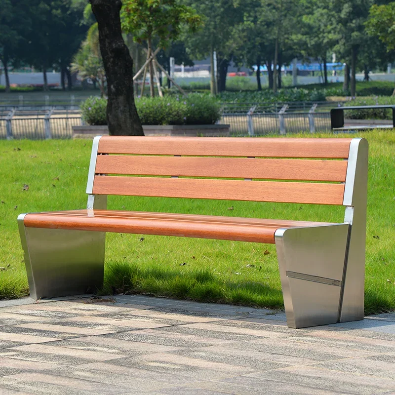 Park Chair Outdoor Square Community Outdoor Stainless Steel Finished Solid Wood Seat Leisure Backrest Chair