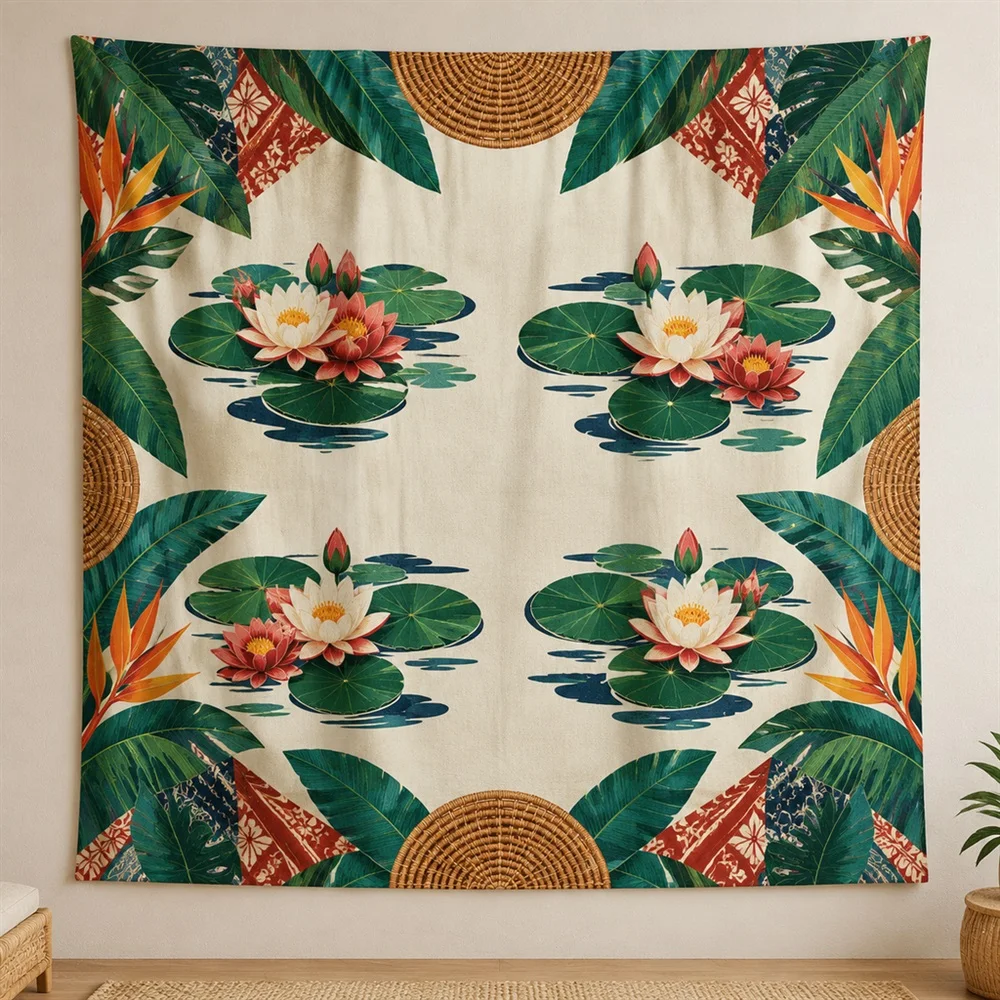 VIKAMA Water Lily Pond Clustered Groups Tapestry Wall Hanging, Tropical Wall Decor Tapestries for Living Room Bedroom Kids Room