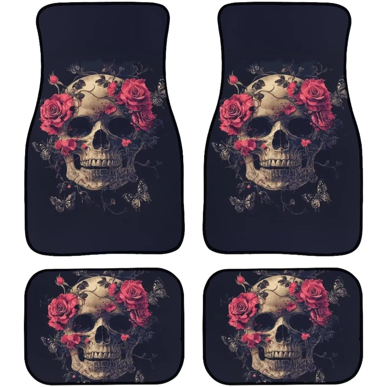 Car Floor Mats For All Seasons, Universally Designed In Red Rose Skull, Car Additions For Women, Cushion Set Of 4 For Front And