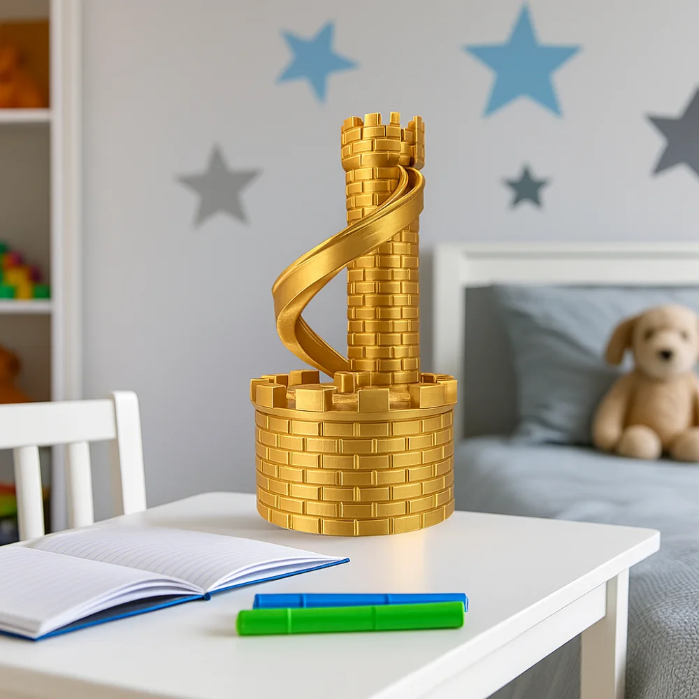 PLA ปราสาทสไลด์คอนเทนเนอร์เก็บเหรียญรุ่นถังออมทรัพย์ Castle Tower Piggy Bank เกลียวเปิด Rolling Tower กล่องเงิน