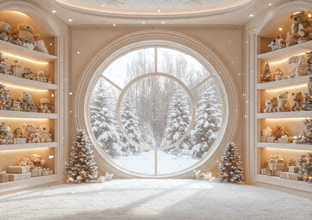 Christmas Golden Window Photography Background Snow Winter Xmas Tree Bear Child Adult Baby Portrait Backdrop Photo Studio