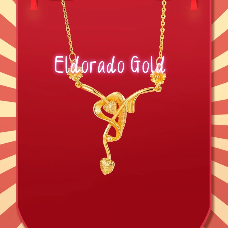 

2025 9999 Real Gold Niche Design Sense One Arrow Double Heart Necklace High Sense Heart-to-heart Seal Collarbone Chain Gold Neck