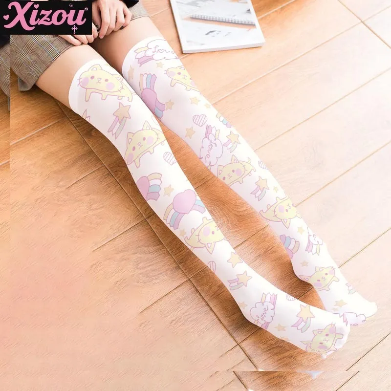 Japanese Lolita Animation Print Stockings Thin Women Spring Autumn Knee Long Tube Soft Cute Girl Kawaii White Pink Velvet Socks