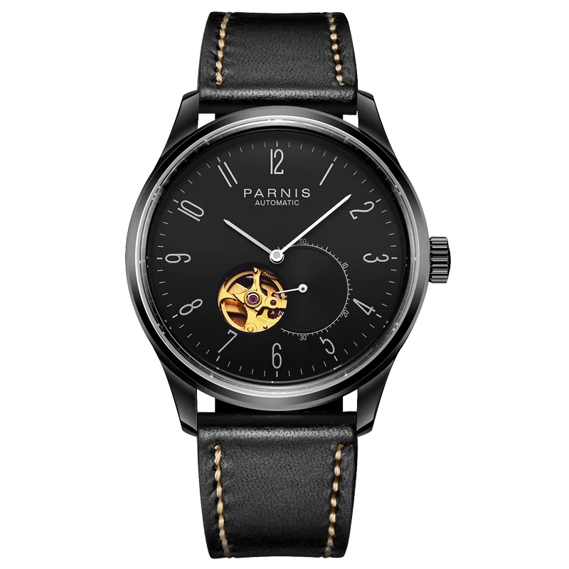 

Fashion Parnis 41.5mm Black Case Mechanical Automatic Men's Watches Leather Strap Sapphire Luxury Men Watch reloj hombre 2024