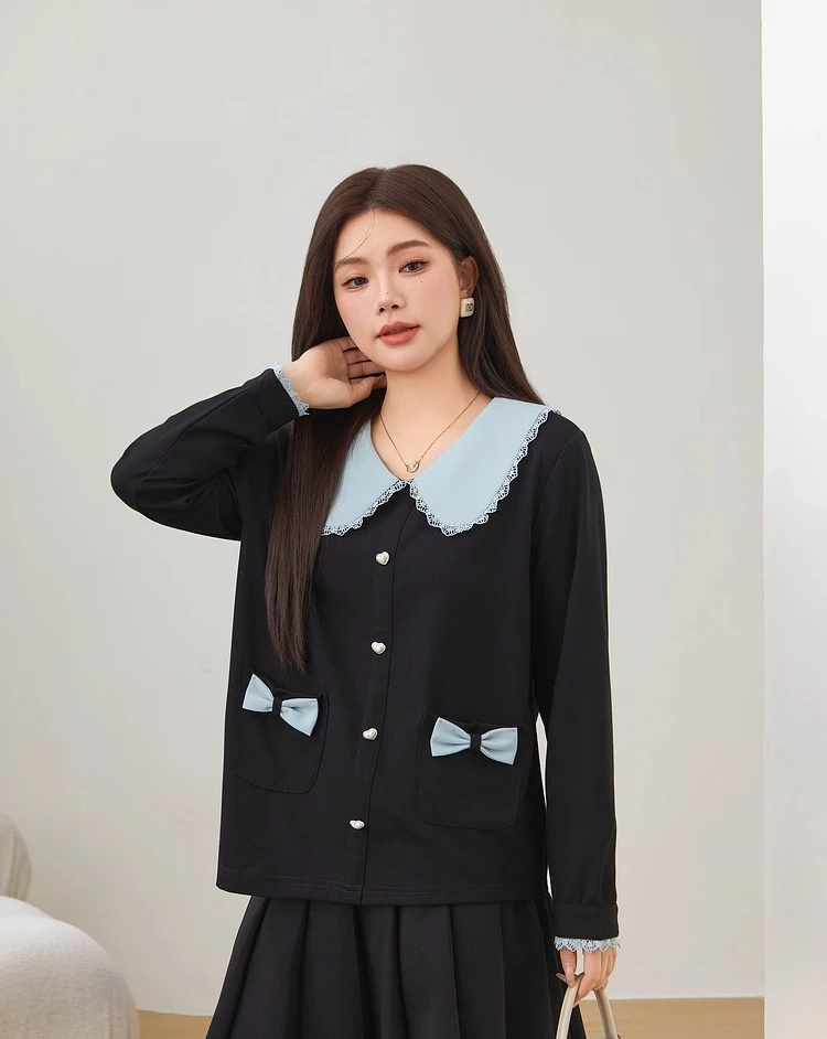 حجم كبير فتاة الحد من العمر الحلو بيتر بان طوق تنوعا محبوك قميص لطيف القوس أنيقة الدانتيل بسيطة أنيقة طويلة الأكمام أعلى